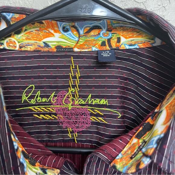ROBERT GRAHAM sz L long sleeve stripes button down shirt cuffed print - Picture 5 of 9